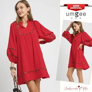 Umgee Textured Leopard Print Details Long Sleeves Relaxed Fit Mini Dress | Red